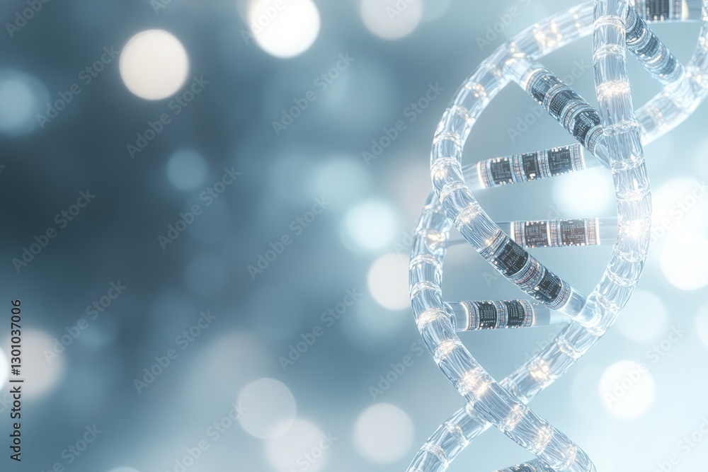Aufkleber futuristic macro shot of translucent dna helix model entwined with microchip elements set against ge