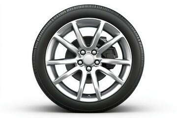 Obraz premium Glossy black car wheel on white background. AI generated