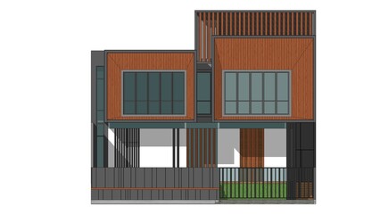 2D front facade of a modern house. Wood and grey tones, geometric shapes, and varied textures. Detailed architectural elevation, residential design concept, flat building illustration, showing modern