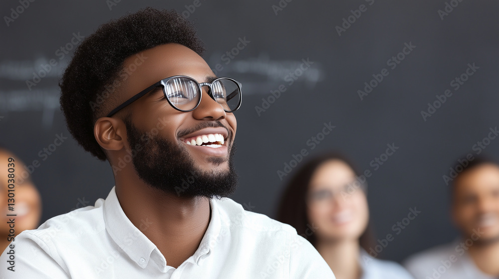 Aufkleber smiling man with glasses in classroom setting, engaged and happy. background shows blurred classmate