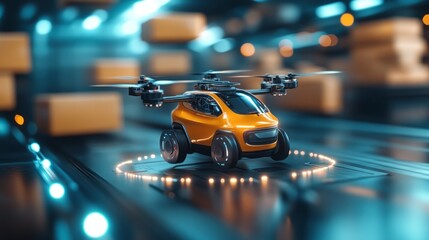 An advanced logistics network is shown utilizing autonomous vehicles and drones to deliver packages swiftly. The environment is futuristic with automated systems enhancing efficiency in shipping