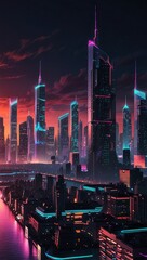 Cyberpunk futuristic skyline with neon-lit skyscrapers at sunset