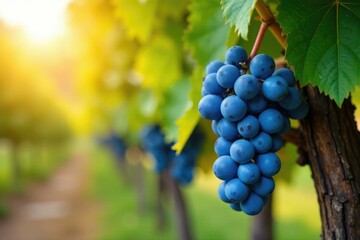 Golden sunlight falls on clusters of ripe blue grapes hanging from a wooden vine, blue, harvest