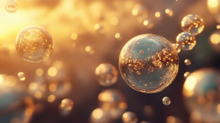 Multiple transparent spheres with many smaller spheres and a gold hue