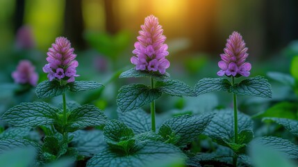 Obraz premium Selective focus on red deadnettle (Lamium purpureum), a herbal plant in the forest.