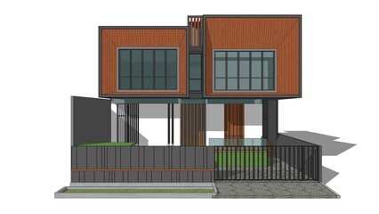 3D model of a house exterior. Wood and grey tones, geometric shapes, and varied textures. Detailed architectural visualization, residential design concept, and digital rendering of a unique facade
