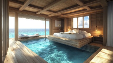 Fototapeta premium A luxurious bedroom with a pool and ocean view is shown