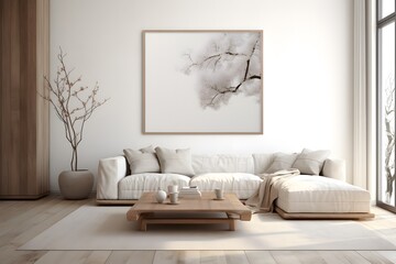 Empty room with sofa and a picture frame. simple living room in white color on a white floor