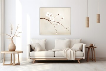 Empty room with sofa and a picture frame. simple living room in white color on a white floor