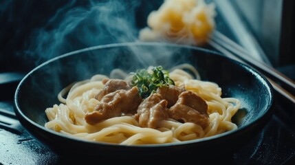 Udon pasta with chicken and ginger. In a black plate. Japanese cuisine. On a dark background, close-up.