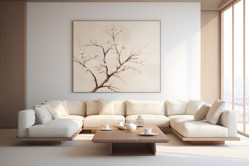 Empty room with sofa and a picture frame. simple living room in white color on a white floor