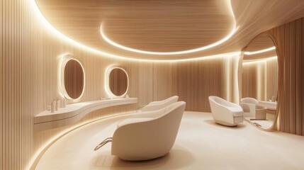 3D rendering of a modern beauty salon interior design with white and wood colors, a well-lit room with three chairs for haircuts, a hair