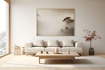Empty room with sofa and a picture frame. simple living room in white color on a white floor