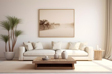 Empty room with sofa and a picture frame. simple living room in white color on a white floor