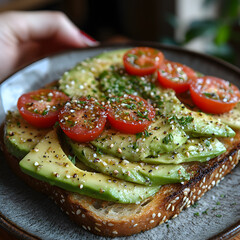 Avocado toast with cherry tomatoes, restaurant