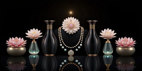 Glass vases, flowers, or jewelry, illuminated against a rich black background
