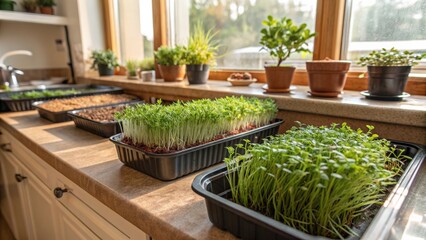 Indoor herb garden with sprouting plants by a sunny window.