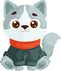 Cute gray cartoon cat sitting happily, dressed in a cozy outfit with a red scarf and green sweater, on a white background.