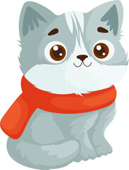 Cute gray cartoon cat sitting calmly, wearing a cozy red scarf, on a white background. Perfect for cheerful and warm designs.