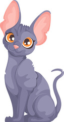 Vector artwork of a gray hairless Sphynx cat with orange eyes and large ears, sitting upright on a white background.