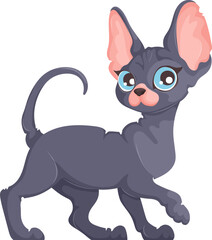 Vector artwork of a gray hairless Sphynx cat with blue eyes and large ears, mid-step, on a white background.