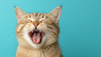 Fototapeta premium Playful Tabby Cat Yawning Against Teal Background
