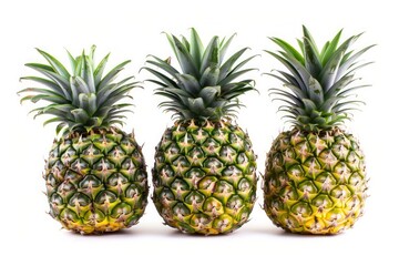 Three pineapples aligned on white background. AI generated