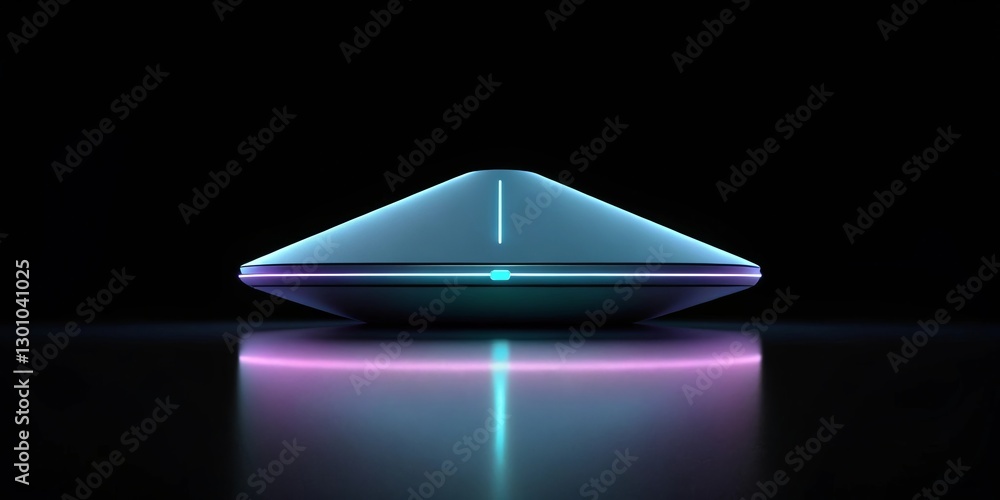 Poster a futuristic, glowing object like a sleek tech device or geometric shape, floating against a dark bl
