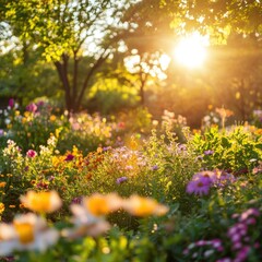 Obraz premium Blooming Flower Garden at Sunset with Sun Flare and Warm Light