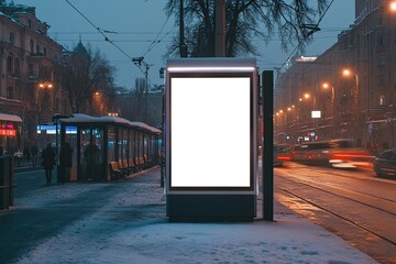 High Resolution Picture of Blank White Mock Up Vertical Billboard at Bus Stop in Russia
