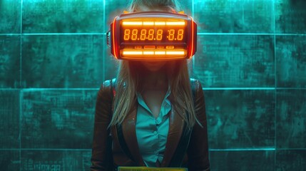 Futuristic woman in glowing headset stands in a neon-lit urban environment, showcasing technology