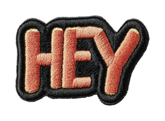 Fun and colorful embroidery patch with the word hey designed for fashion accessories and creative projects, cut out