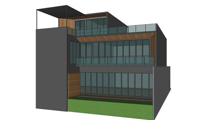 3D model of a modern duplex house exterior. Grey and brown tones, geometric shapes, and glass panels. Detailed architectural visualization, residential design concept, and unique digital rendering