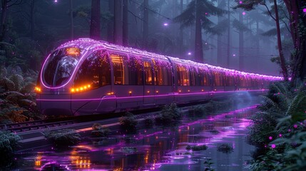 Futuristic train illuminated with neon lights traveling through a misty forest at twilight