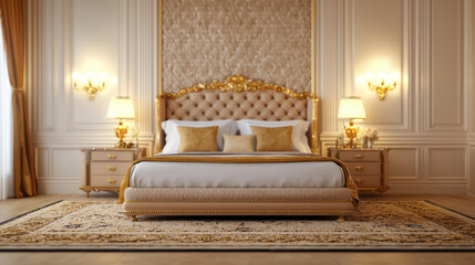 Fototapeta premium Luxurious bedroom with ornate decor, elegant bed, and warm lighting Quality is King