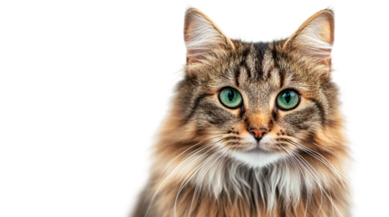 Cute and fluffy domestic cat with green eyes in front of a transparent background.