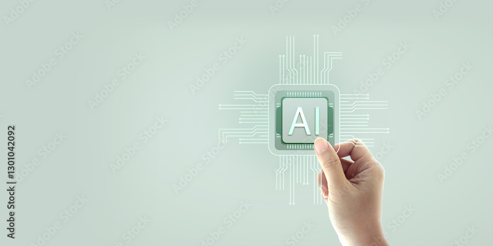 Poster a hand showing technology, generative ai, artificial intelligence, cyber security, digital transform