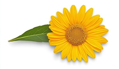 Obraz premium Vibrant Yellow Sunflower with Green Leaf on White Background