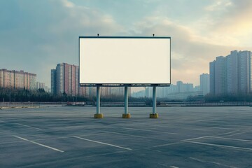 Ultra Hd Visual of a Blank Billboard in a Parking Lot with a City in the Background