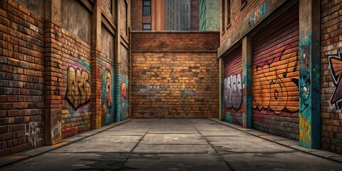 Fototapeta premium A gritty, urban textured background with the appearance of weathered brick walls, graffiti, and peeling paint for a street-style aesthetic