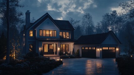 3D rendering of a modern luxury house exterior design with white walls and large windows at night
