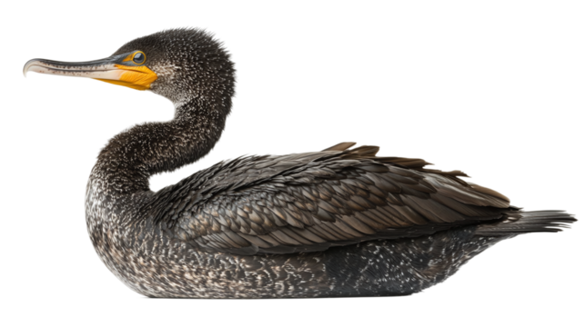 Great cormorant bird with detailed feathers in profile view, isolated on a transparent background for nature and wildlife design projects.
