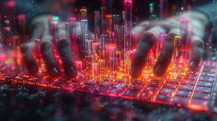 Hands typing on a glowing keyboard with colorful digital data visualization in the background