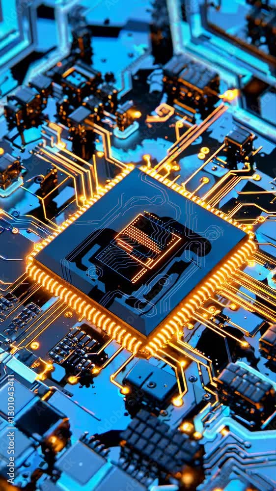 Poster neon orange circuits pulse through blue processor core. central microchip dominates electronic lands