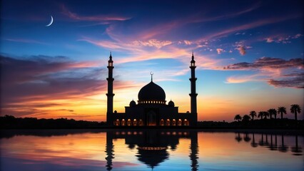 Fototapeta premium Ramadan reflections mosque silhouette at twilight spiritual journey serenity quranic essence