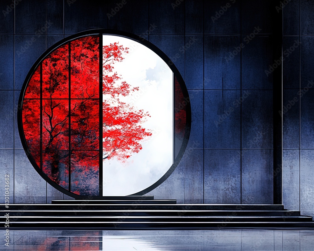 Aufkleber modern architectural design featuring circular window with red tree and blue background