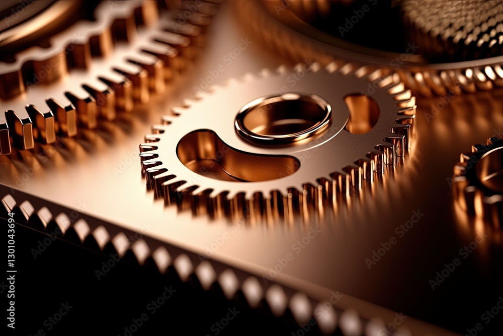 Poster intricate close-up of shiny copper gears and mechanical components on a reflective surface