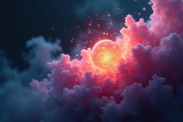 Naklejka premium Swirling mist surrounding a glowing particle, suspended in air, glow, cloud