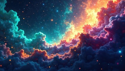 Swirling ribbons of teal gold and purple hues in a cosmic background, colorful, stellar, nebulae