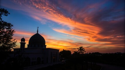 Fototapeta premium Dramatic silhouette of mosque dome at sunset spiritual reflection global photography ramadan quran